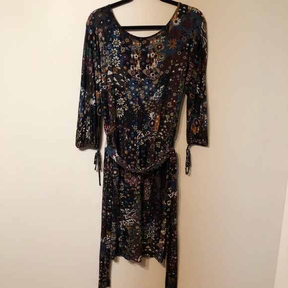 Suzie Chin Black multi colored rayon and spandex dress with belt - Picture 3 of 6